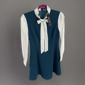 Allegra K Women's Size S Contrast Color Puff Sleeve Bow Flare Dress Teal Twee